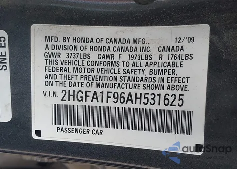 2010 Honda Civic Ex-L z USA, uszkodzony, nr VIN 2HGFA1F96AH531625